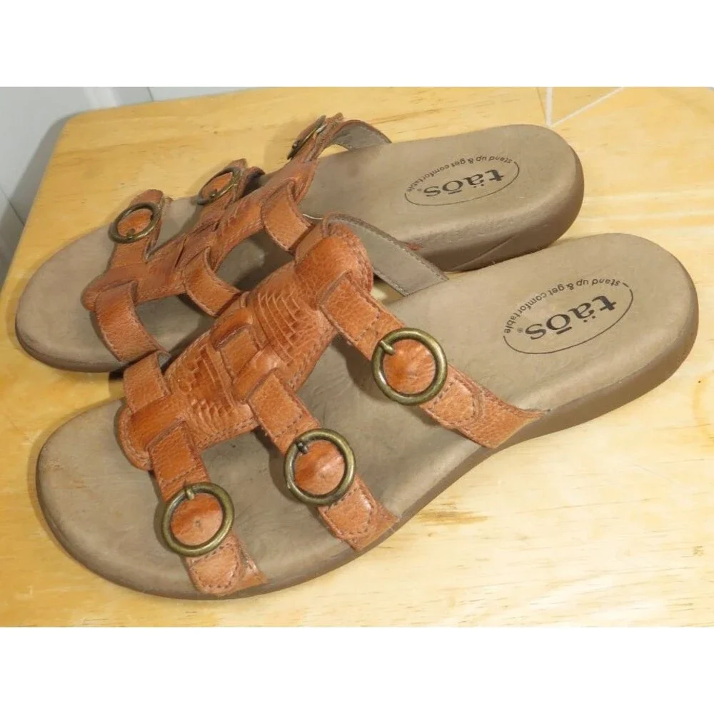 Taos Good Times Slide Sandals Womens Chesnut Brown Leather Triple Strap Size 8